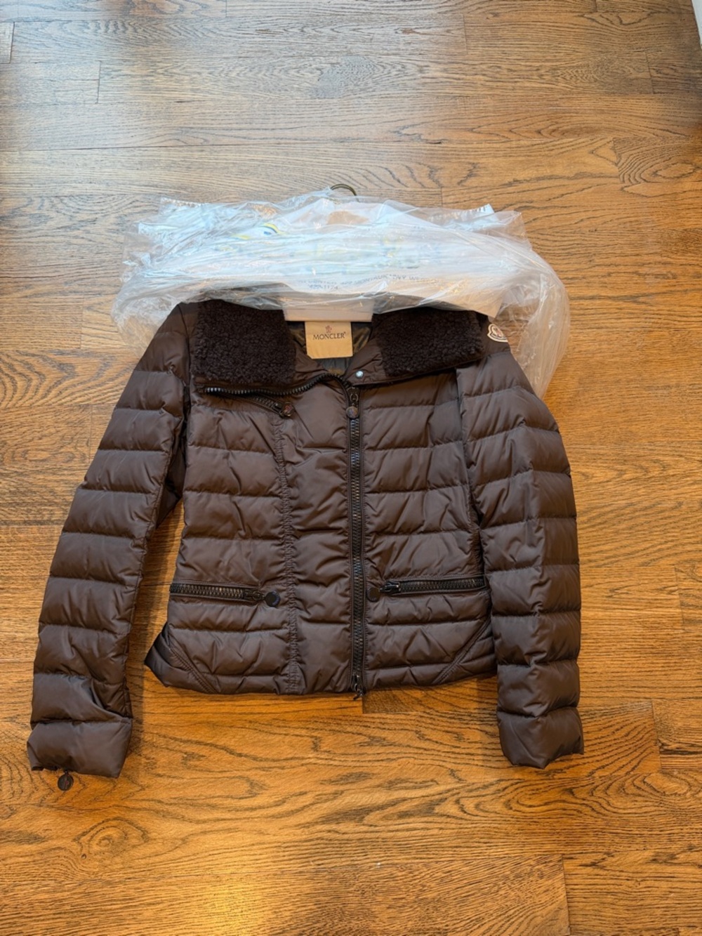 Moncler Women's Dark Brown Quilted Down Puffer Jacket with Sherpa Collar size 1